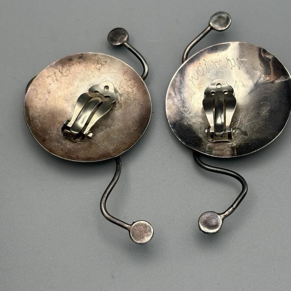Vintage M.E. Friedman Clip On Earrings Sterling Silver Modernist Turquoise